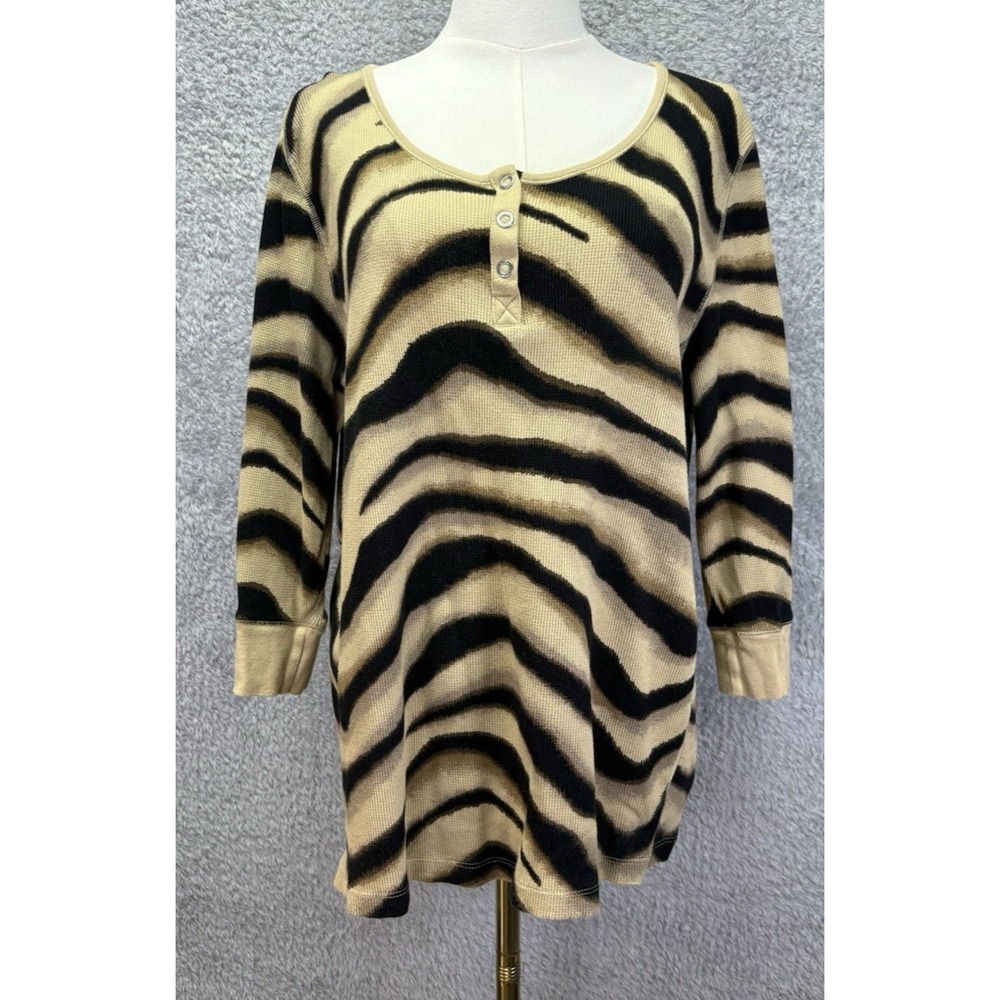 Lauren Ralph Lauren Womens 2X Zebra Henley Top Waffle Knit Cotton Plus Size
